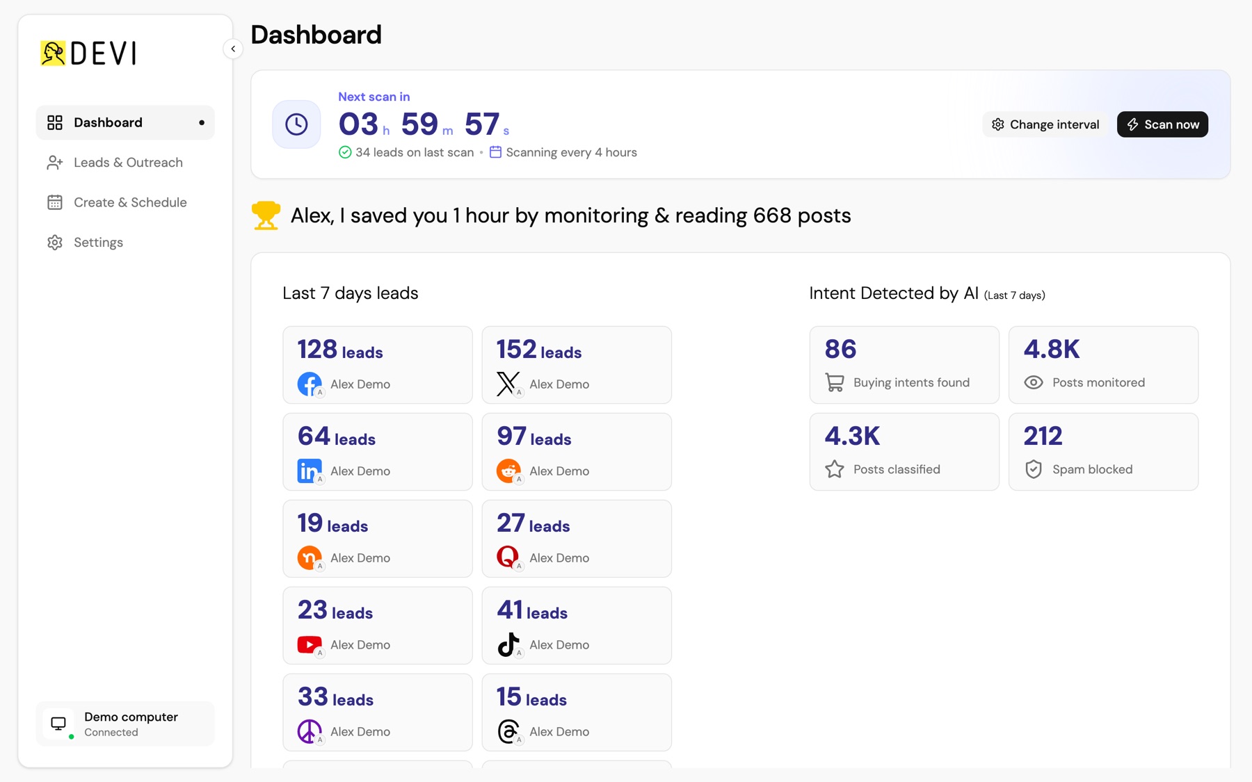 Devi dashboard in a browser