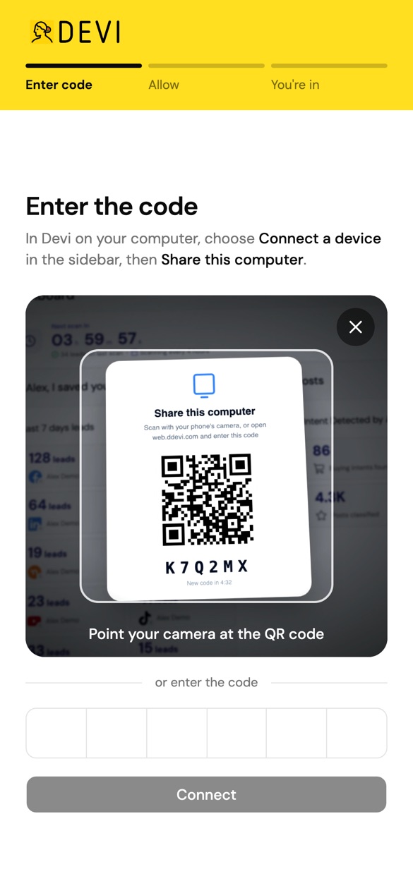 Entering the Devi connection code on a phone