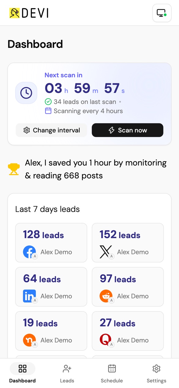 Devi dashboard on a phone