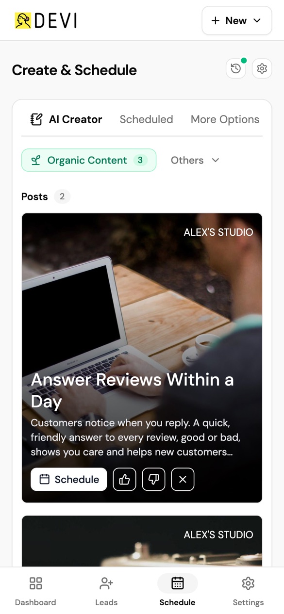 Creating and scheduling posts in Devi on a phone